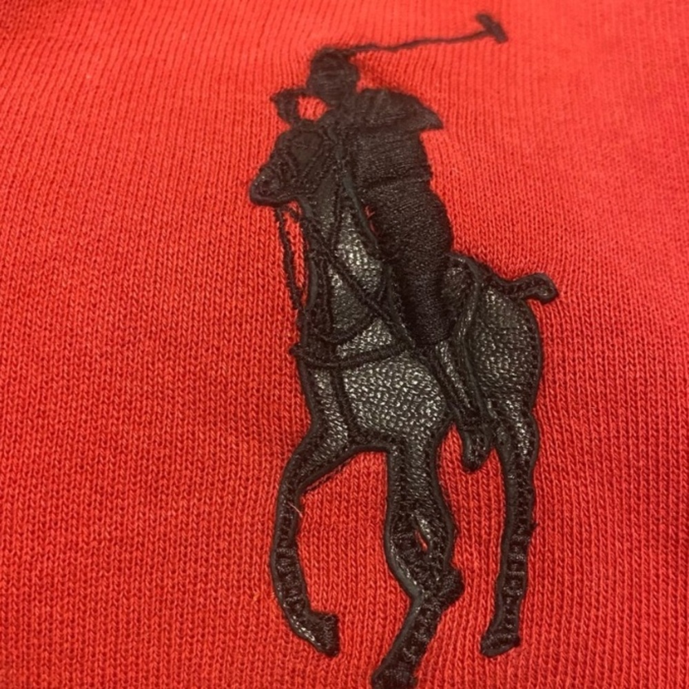 Ralph Lauren “67” Red/ black leather elbows/ and leather pony Hoodie ( callouts)